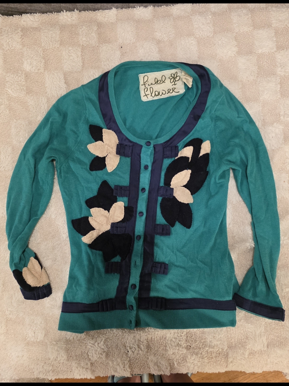 Anthropologie fiefel Flowe Teal Cardigan with Navy Trim & Cream Floral Appliqués